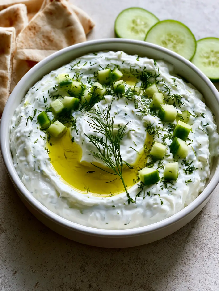 Authentic Greek Tzatziki Recipe: The Ultimate Creamy Garlic Cucumber Dip 3 Smartphone photo of creamy Greek tzatziki in a white bowl on a stone countertop. (Authentic Greek Tzatziki Recipe)