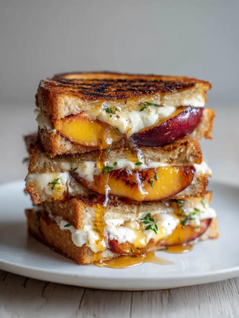 Peach and Brie Grilled Cheese with Caramelized Peaches and Thyme 1 Cross section of a Peach and Brie Grilled Cheese featuring charred peach edges and fresh thyme leaves scattered in the cheese.