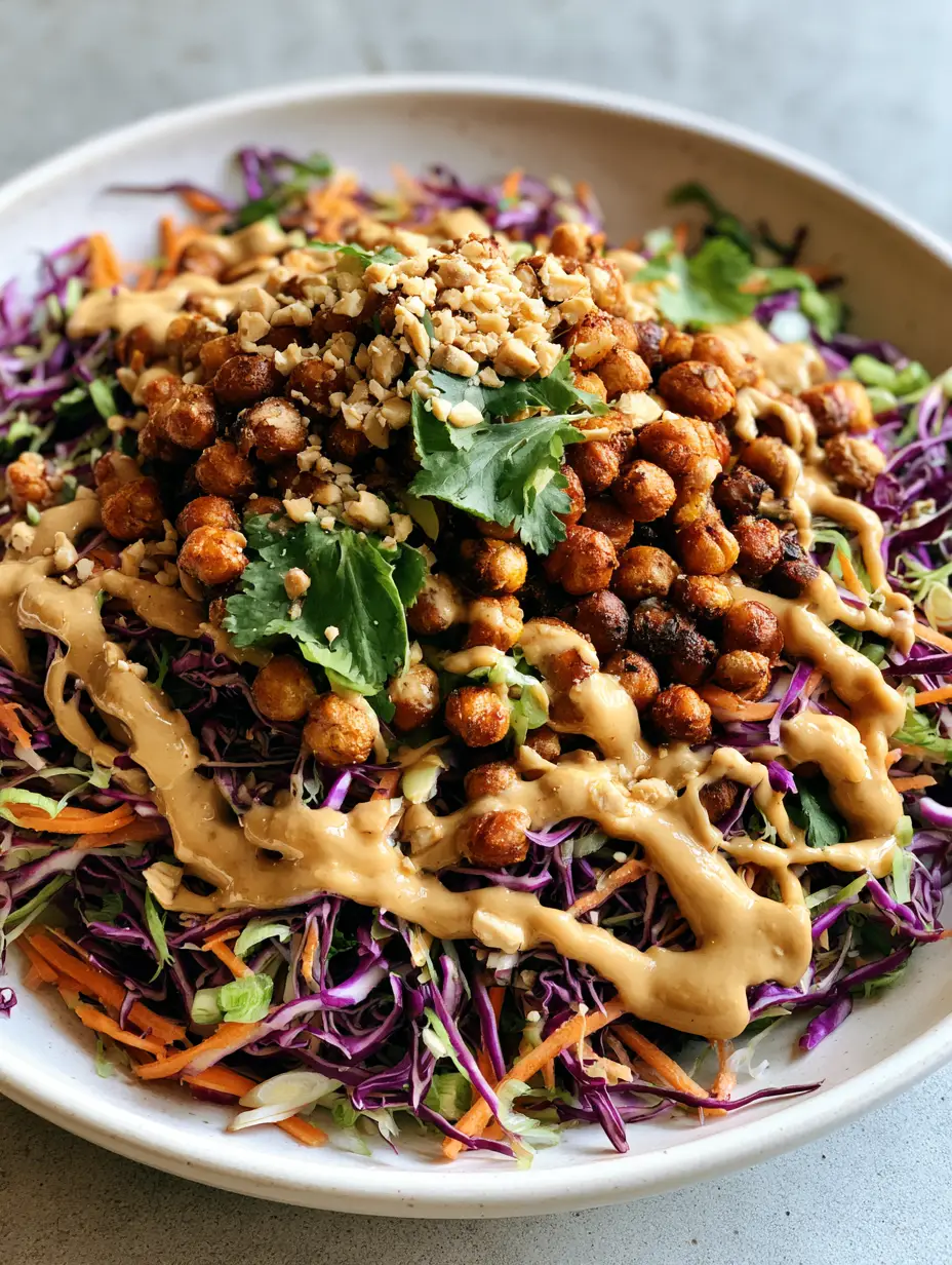 Close up of a Thai Chickpea Salad showing the texture of julienned carrots and deep golden-brown roasted chickpeas.