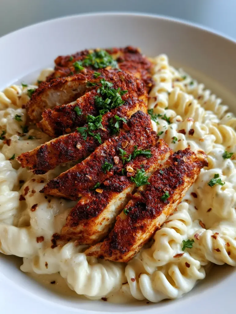 Creamy Cajun Chicken Rotini with Blackened Mozzarella Sauce 1 Slices of deeply seared Cajun chicken breast arranged over rotini pasta. (Creamy Cajun Chicken Rotini)