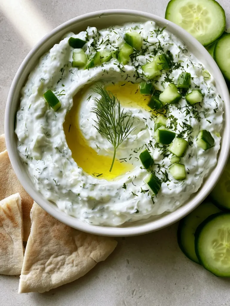 Authentic Greek Tzatziki Recipe: The Ultimate Creamy Garlic Cucumber Dip 1 Close up of small diced cucumbers and fresh dill garnishing a swirl of olive oil in tzatziki. (Authentic Greek Tzatziki Recipe)