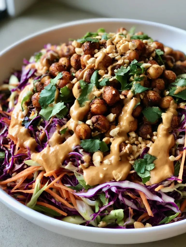 Overhead view of Thai Chickpea Salad in a white ceramic bowl with creamy peanut-lime dressing and fresh cilantro.