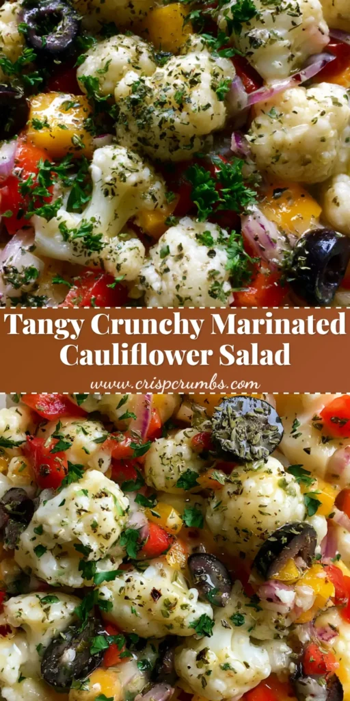 A bright and colorful Marinated Cauliflower Salad in a glass bowl with red and yellow peppers and black olives.
