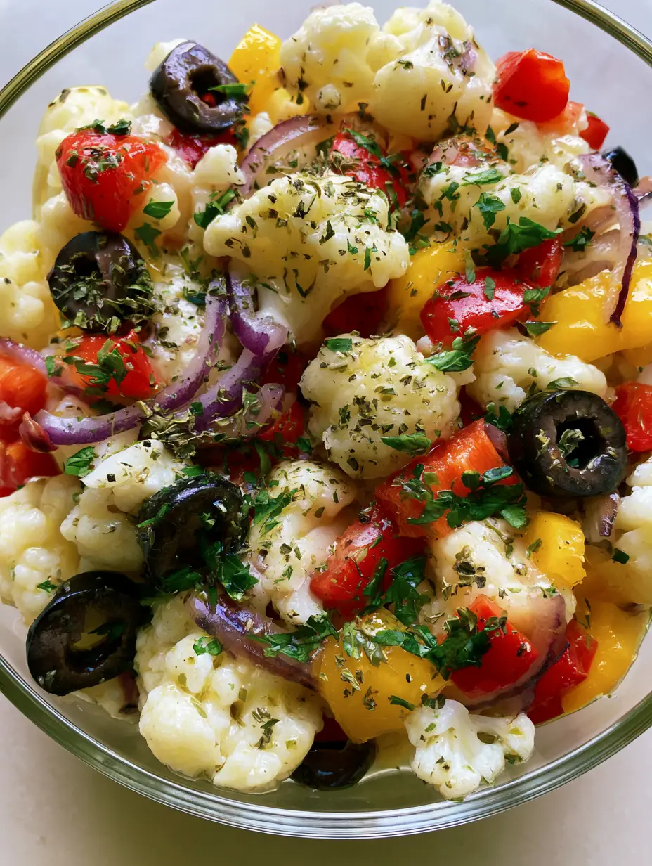 Top-down close-up of Marinated Cauliflower Salad showing crisp white florets and glistening herb vinaigrette.