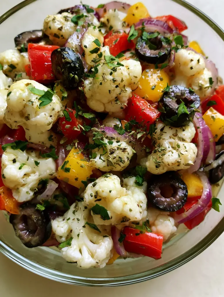 Detailed shot of the herb-flecked vinaigrette and fresh parsley on Marinated Cauliflower Salad.