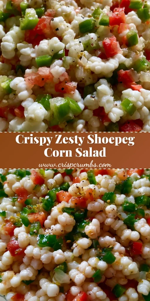 A clear glass bowl filled with Shoepeg Corn Salad showing white kernels, diced red and green peppers, and a glossy dressing on a light countertop.