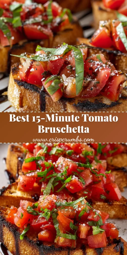 A vertical photo of authentic Italian tomato bruschetta on toasted artisan baguette with balsamic glaze. (Italian Bruschetta Recipe)
