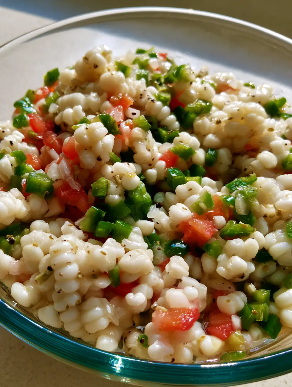 Overhead smartphone photo of Shoepeg Corn Salad with shimmering oil and vinegar dressing and flecks of celery seed.