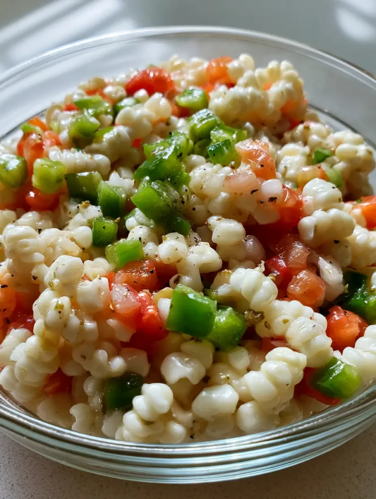 Detailed view of finely diced green and red bell peppers mixed with white shoepeg corn kernels.