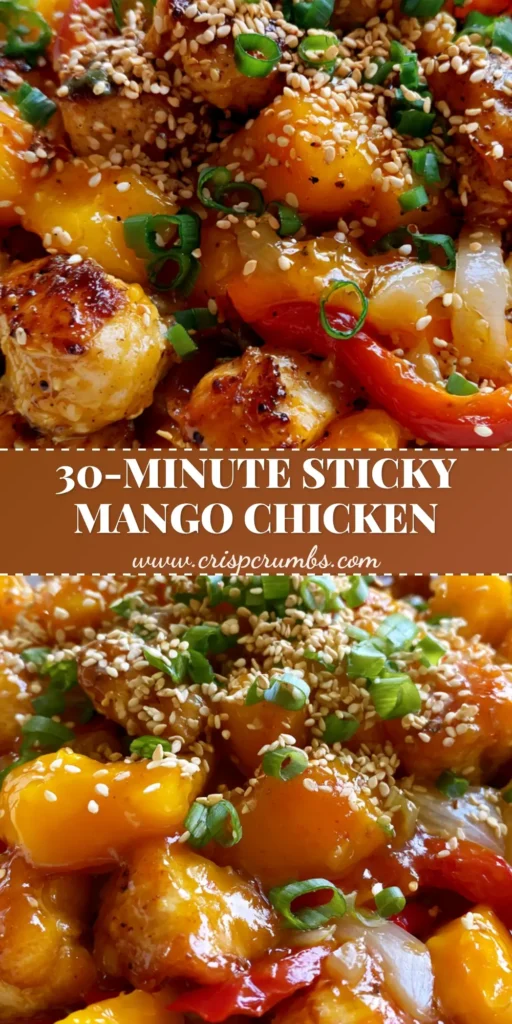 A top-down view of Mango Glazed Chicken in a white bowl, showing seared chicken, glossy orange glaze, fresh mango cubes, and a heavy garnish of sesame seeds and scallions. (Mango Glazed Chicken)