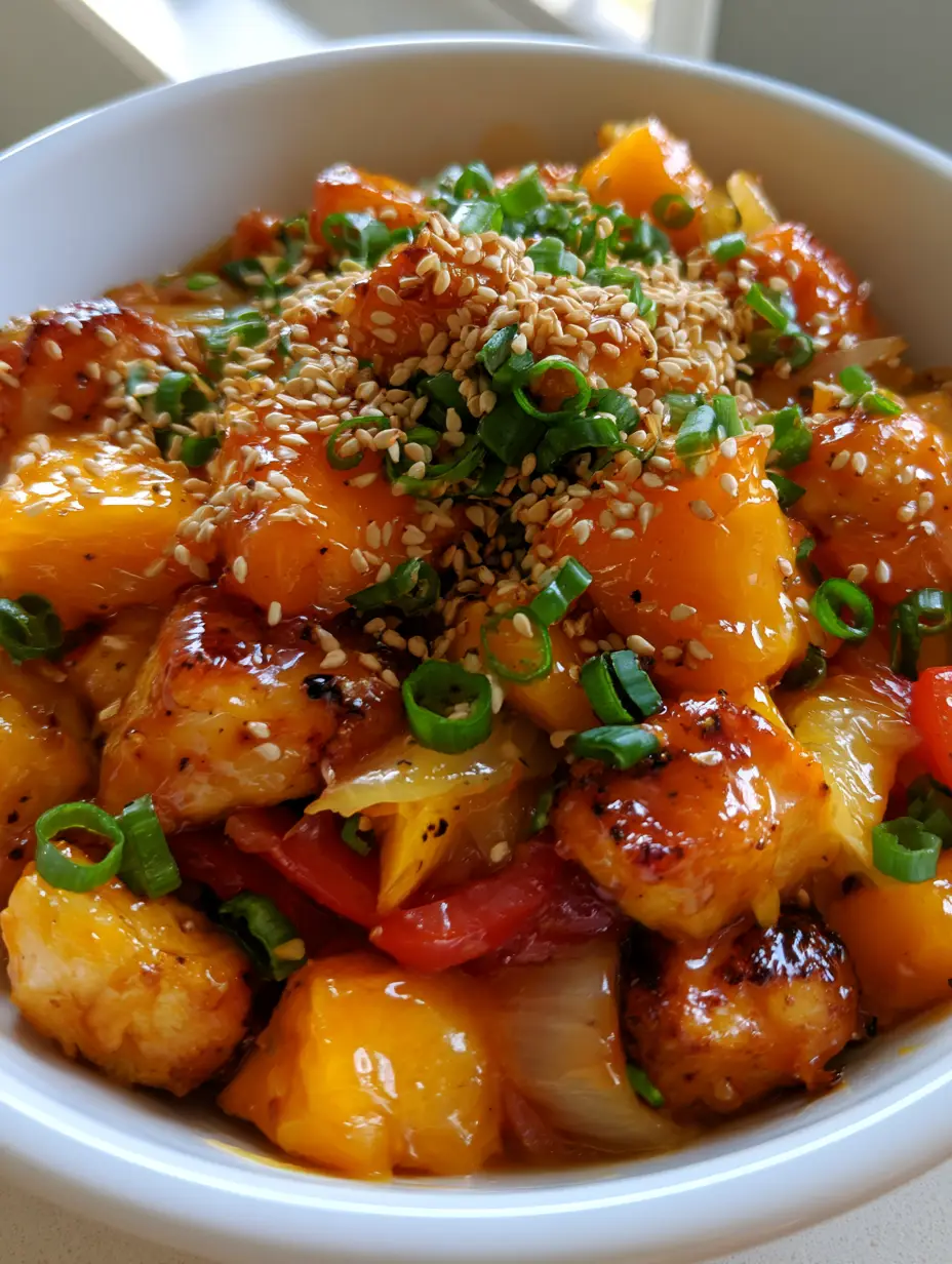 A handheld smartphone photo of a white ceramic bowl filled with cubed sauteed chicken breast pieces coated in a thick, glossy, translucent orange mango glaze. (Mango Glazed Chicken)