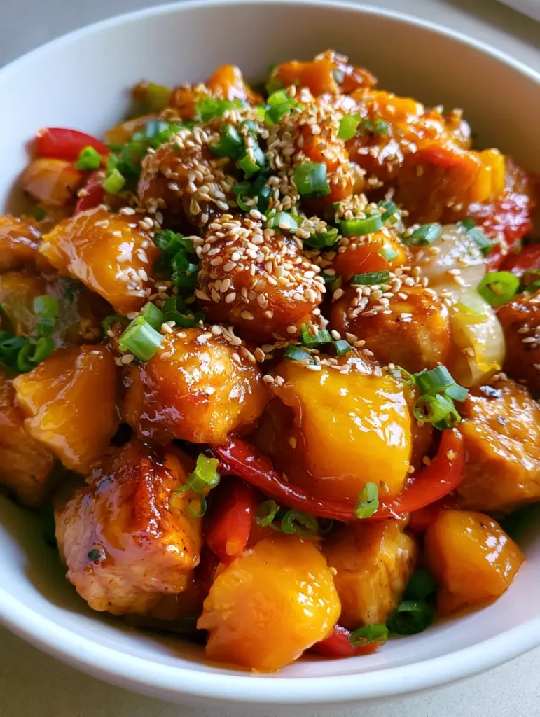 Detailed shot of seared chicken breast cubes and vibrant orange mango pieces in a sticky glaze with red bell peppers. (Mango Glazed Chicken)