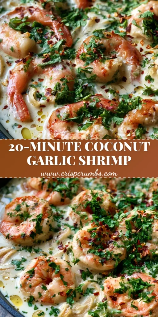 A shallow black cast iron skillet filled with plump pink seared shrimp in a thick white coconut sauce with cilantro and chili flakes. (Creamy Coconut Garlic Shrimp)