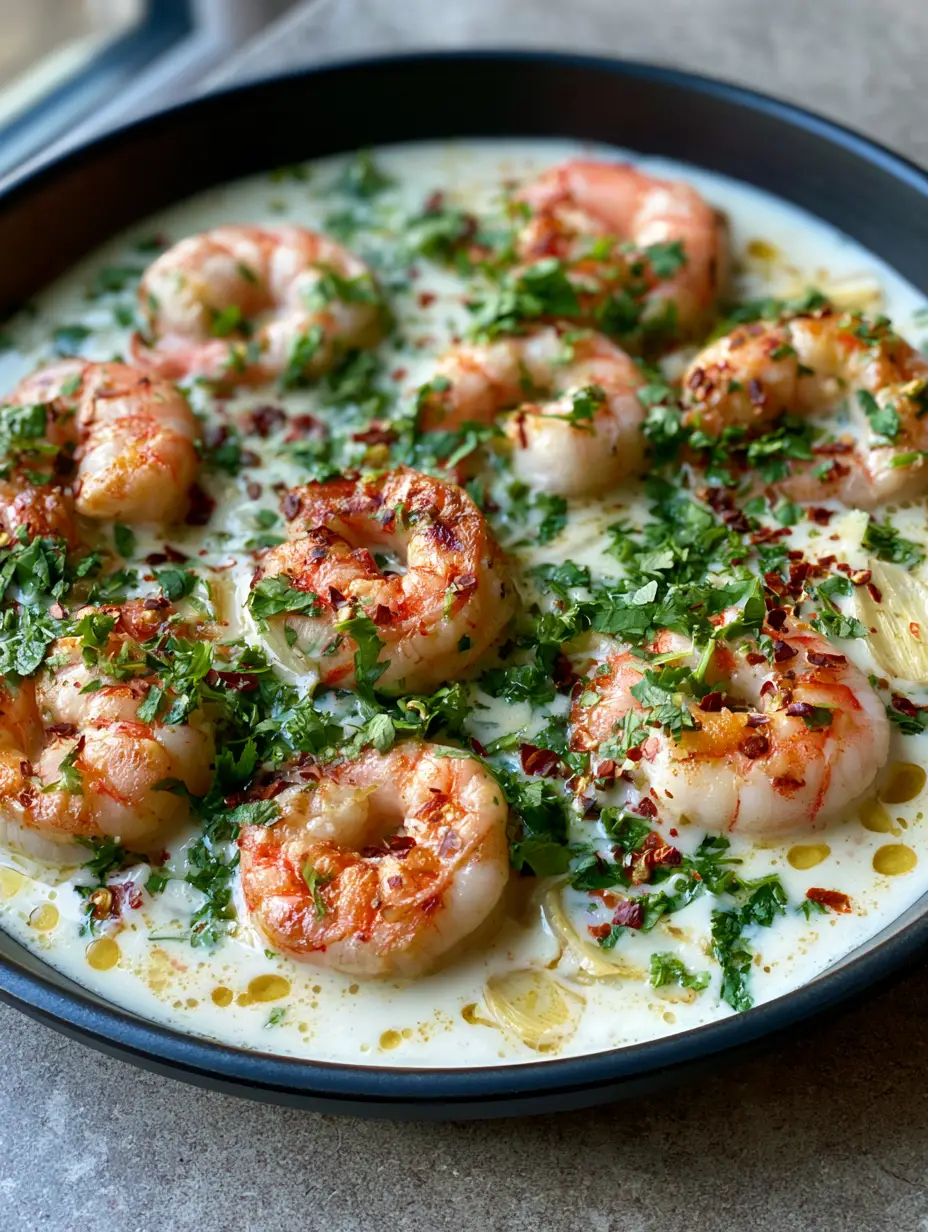 Close up of large seared shrimp in a velvety coconut milk sauce with visible garlic slices and golden oil droplets. (Creamy Coconut Garlic Shrimp)