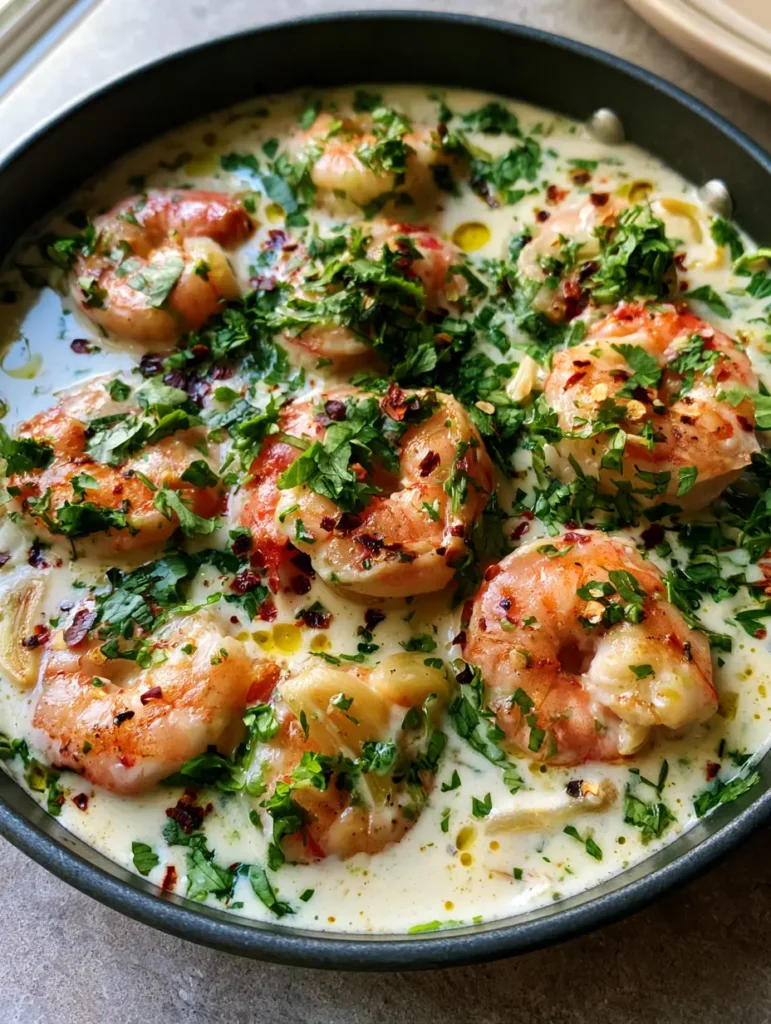 A realistic home-cooked photo of shrimp in coconut sauce garnished with green cilantro and red chili flakes. (Creamy Coconut Garlic Shrimp)