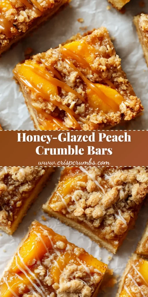 Peach Crumble Bars with Buttery Shortbread and Honey Glaze 4 A close-up vertical shot of square-cut Peach Crumble Bars with a honey drizzle on parchment paper.