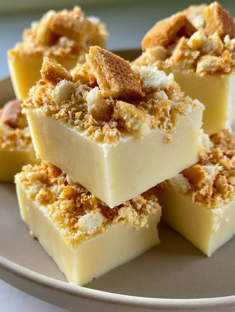 Banana Pudding Fudge with a Crunchy Vanilla Wafer Crust 1 Close-up of thick, pale yellow Banana Pudding Fudge pieces heavily encrusted with golden-brown vanilla wafer cookies.