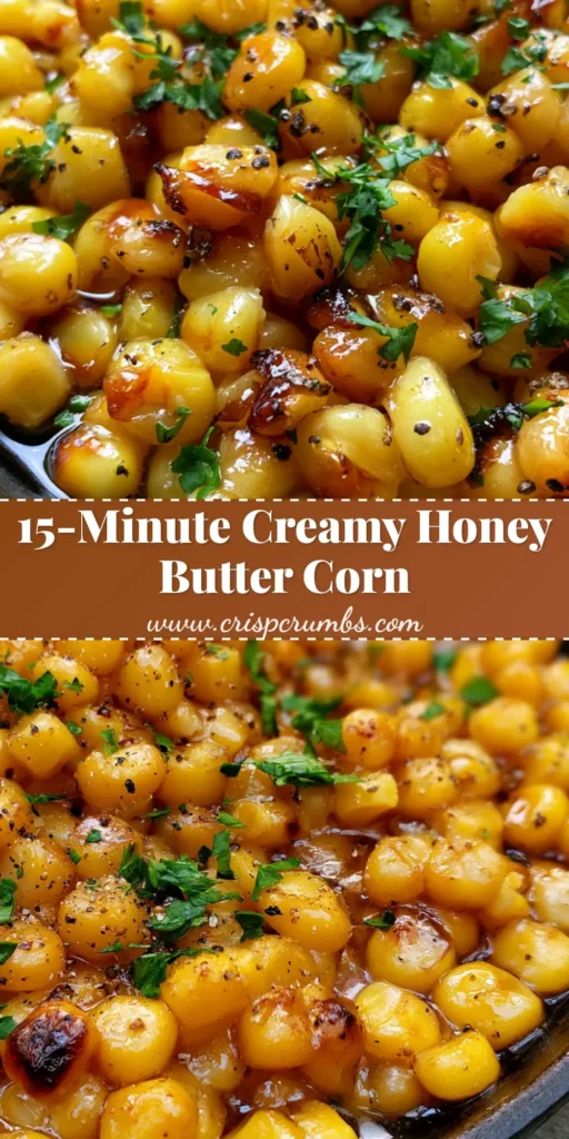 A close-up of Honey Butter Skillet Corn with charred kernels, melted butter glaze, and fresh parsley in a cast iron pan.