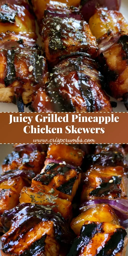 A stack of three Pineapple Chicken Kabobs on a white plate with visible grill marks and a glossy amber glaze.