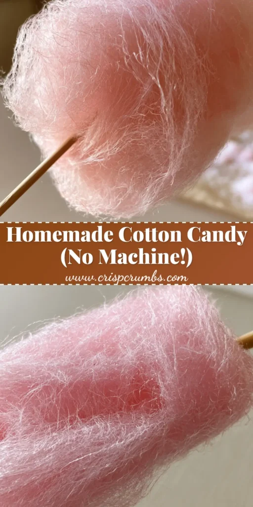 A handheld skewer holding a large, airy bundle of pink hand-spun sugar threads, styled as Cotton Candy Without a Machine.