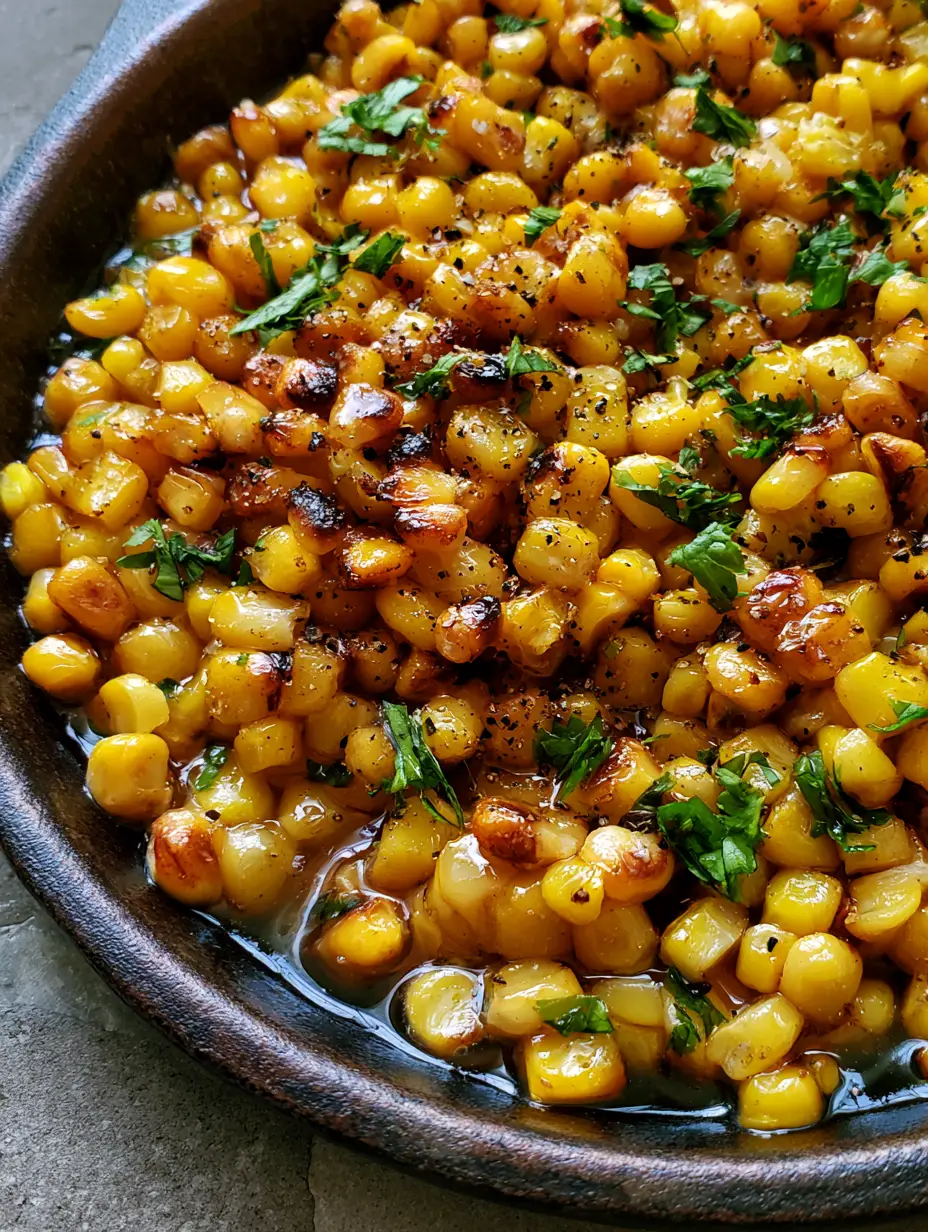Top-down view of golden sweet corn in a cast iron skillet with honey-butter glaze and black pepper. (Honey Butter Skillet Corn)