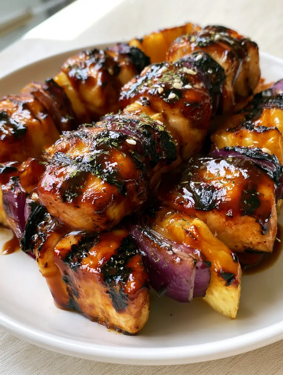 Overhead view of Pineapple Chicken Kabobs showing caramelized pineapple and charred red onions.