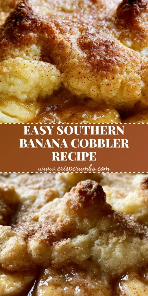Southern Banana Cobbler: The Best Old-Fashioned Homemade Recipe 4 A close-up shot of Southern Banana Cobbler in a white ceramic dish with a golden-brown buttery crust and bubbling cinnamon glaze.