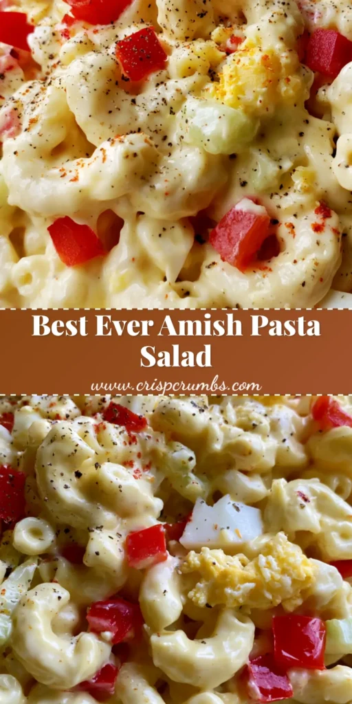 Amish Pasta Salad: The Ultimate Creamy, Tangy Macaroni Classic 4 A handheld smartphone photo of a white bowl filled with creamy Amish Pasta Salad, featuring elbow macaroni, red peppers, and egg chunks. (Amish Pasta Salad)