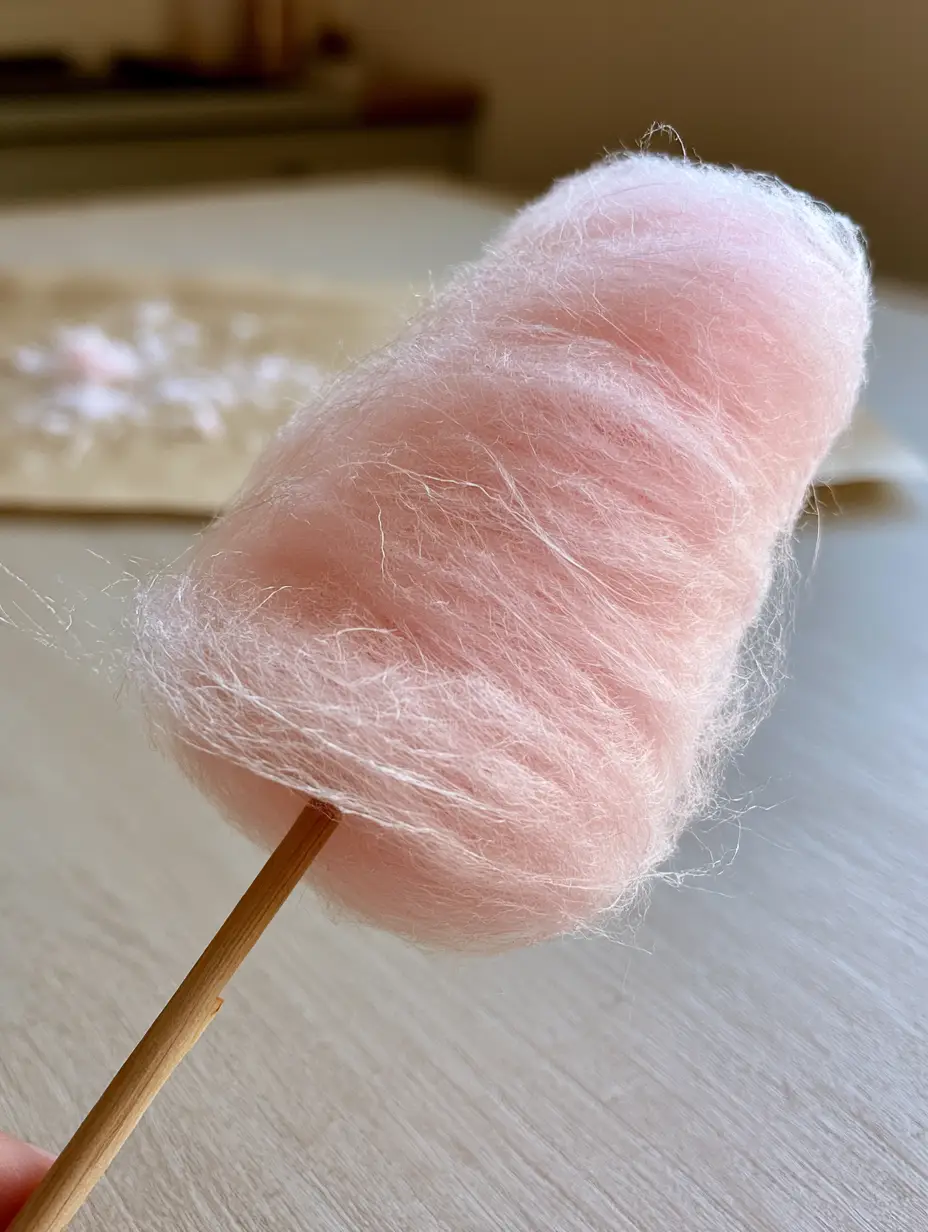 Close up of delicate, translucent pink sugar threads catching natural light, demonstrating Cotton Candy Without a Machine.