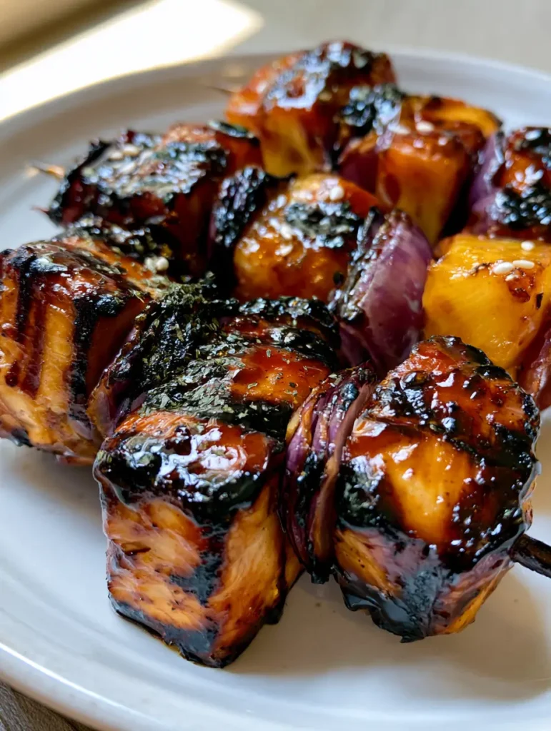 Close-up of the thick amber glaze on a chicken kabob with sesame seed garnishes.