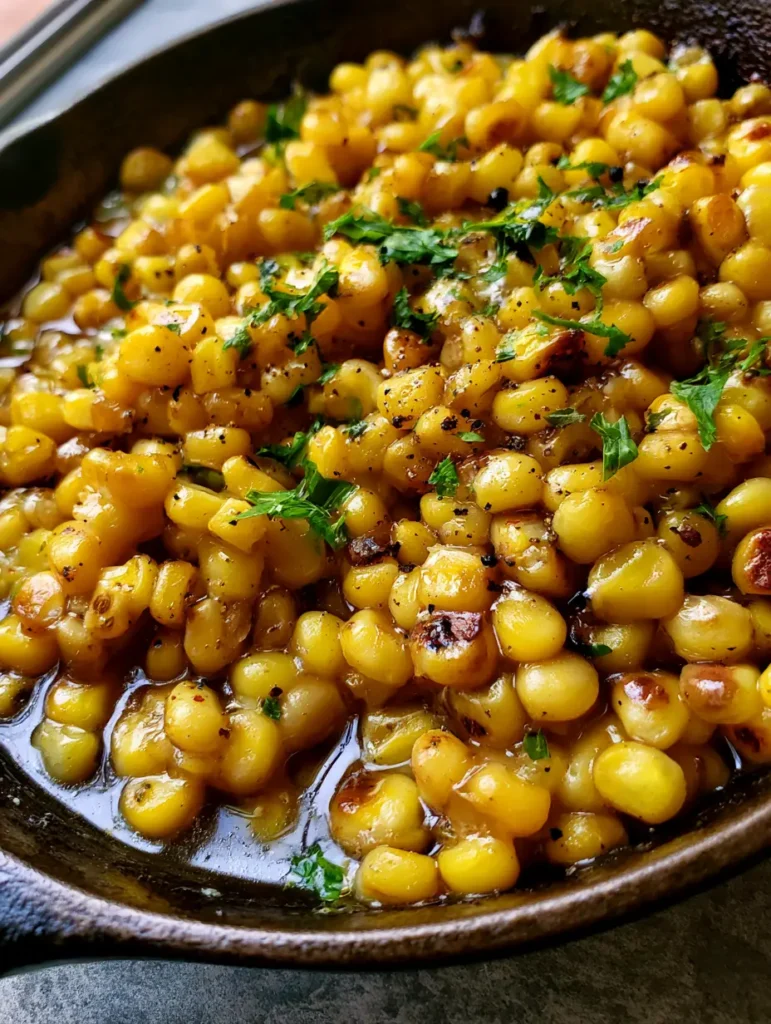 Angled photo of sweet corn kernels in a black skillet with pooling honey-butter sauce and parsley.
