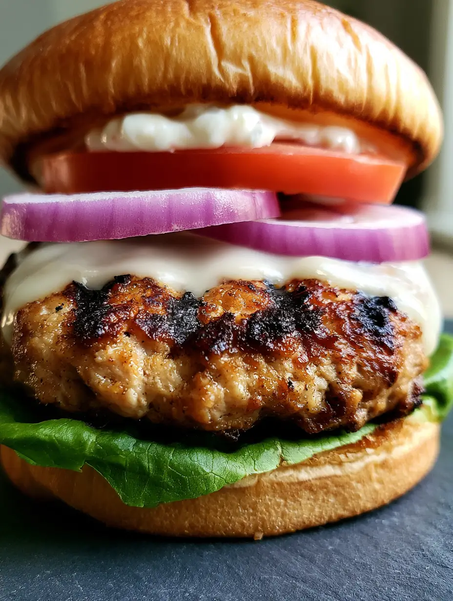Close up of a seared turkey patty with visible char marks and melted white cheese (Barefoot Contessa Turkey Burger).
