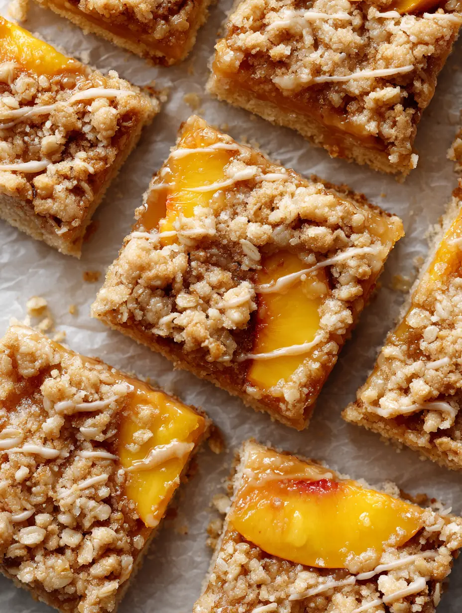 Peach Crumble Bars with Buttery Shortbread and Honey Glaze 3 Top-down view of Peach Crumble Bars showing the three distinct layers and honey drizzle.