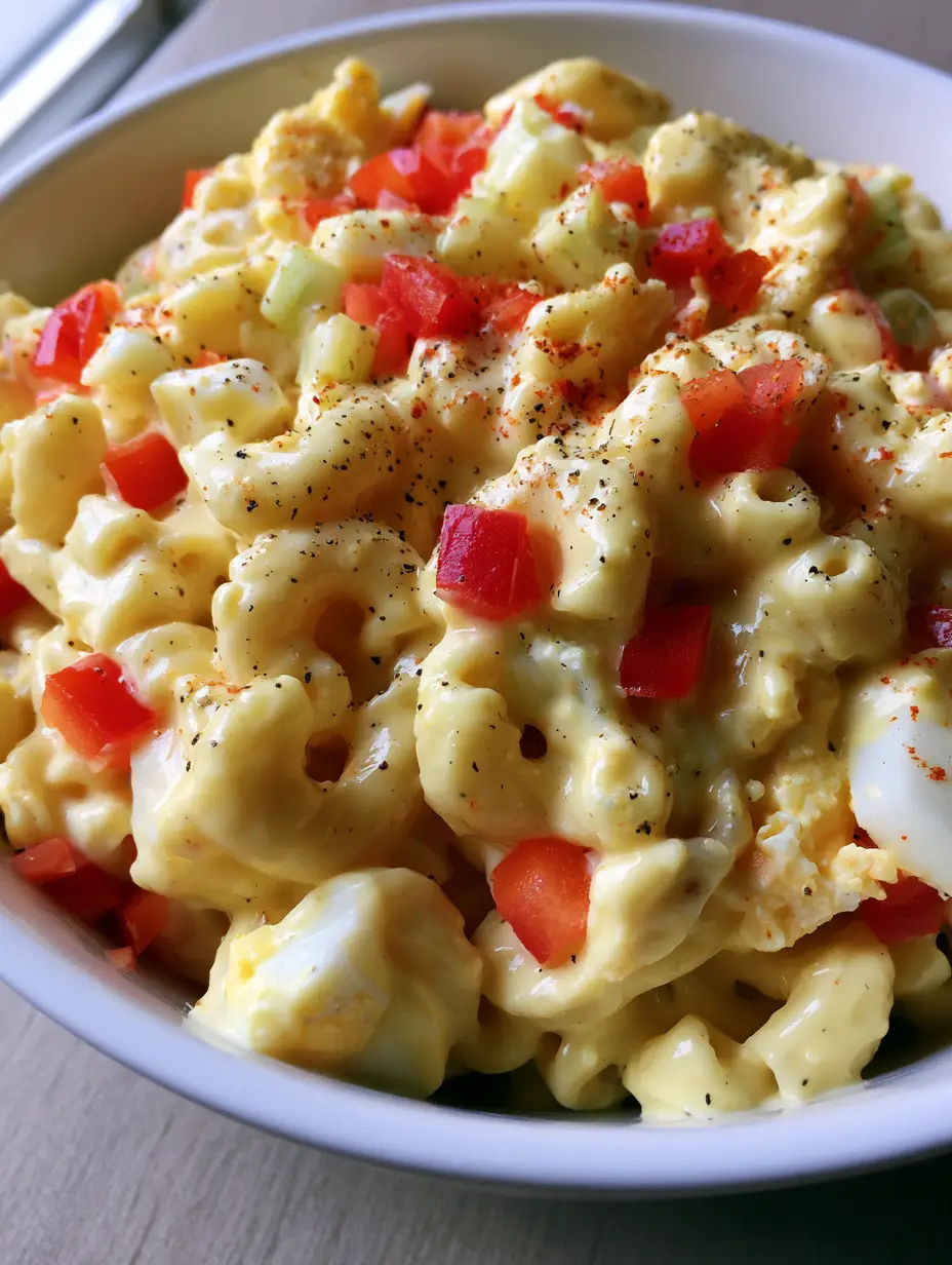 Amish Pasta Salad: The Ultimate Creamy, Tangy Macaroni Classic 3 Close-up of creamy Amish Pasta Salad showing the glossy pale yellow dressing and diced red bell peppers. (Amish Pasta Salad)