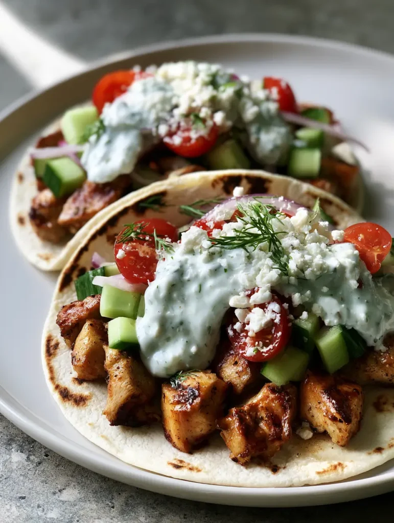 A handheld photo of three Mediterranean chicken tacos with visible feta cheese and fresh dill sprigs. (Mediterranean Chicken Tacos)