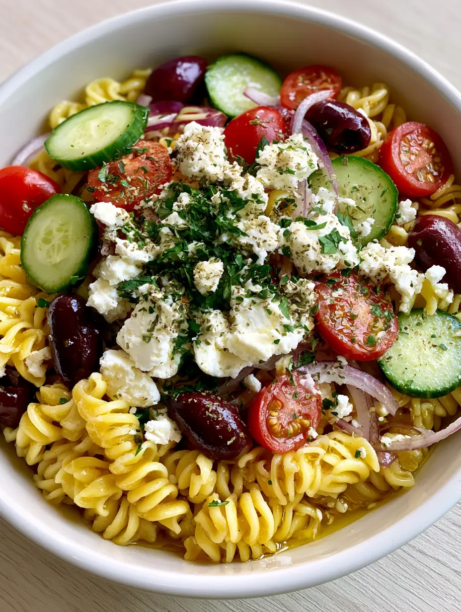 Greek Pasta Salad with Feta: The Ultimate Mediterranean Summer Recipe 3 A handheld smartphone photo of a fresh Greek Pasta Salad with Feta, featuring vibrant vegetables and golden dressing.