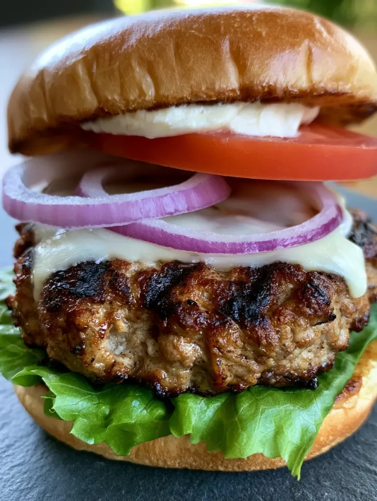 Assembled gourmet turkey burger on a brioche bun with creamy white sauce and red onion.