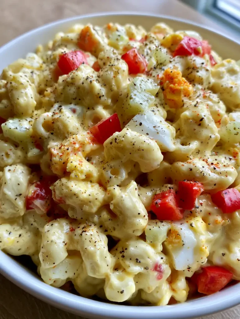 Amish Pasta Salad: The Ultimate Creamy, Tangy Macaroni Classic 1 Top-down view of Amish Pasta Salad in a simple white ceramic bowl with paprika and black pepper garnish. (Amish Pasta Salad)