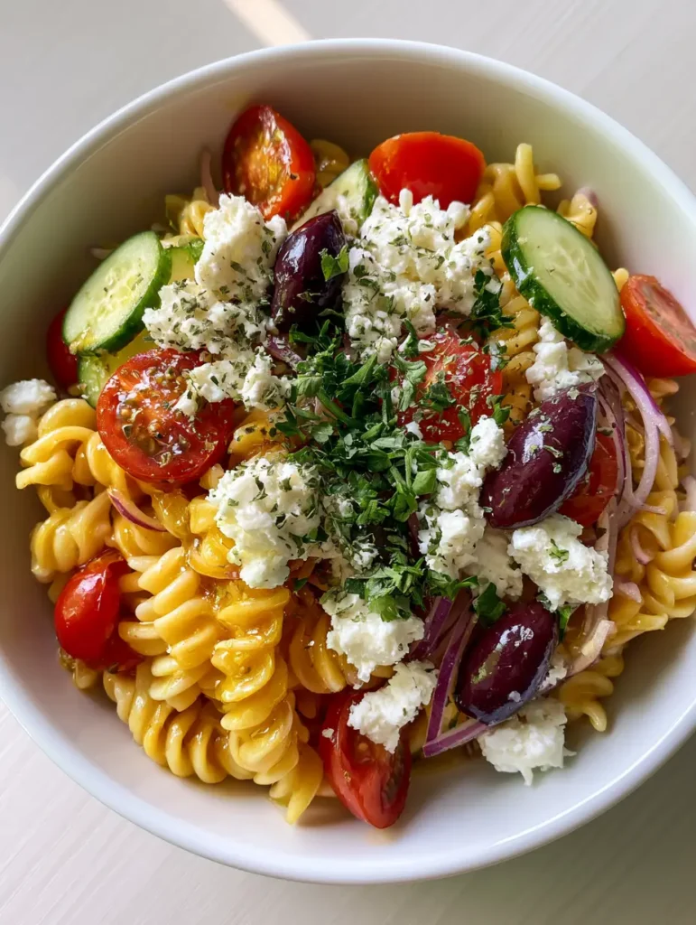 Greek Pasta Salad with Feta: The Ultimate Mediterranean Summer Recipe 1 Detailed shot of rotini pasta coated in lemon-olive oil dressing with feta chunks and parsley garnish.