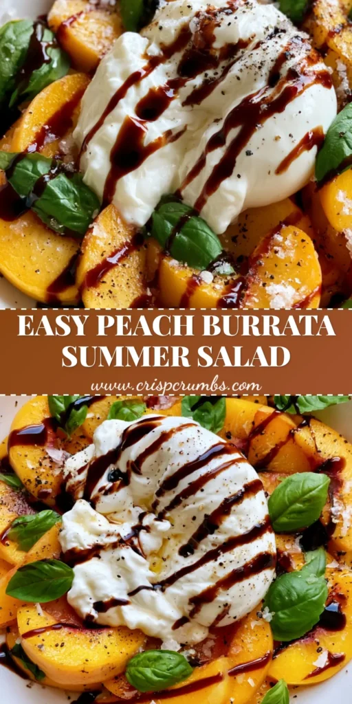 A top-down Pinterest pin showing a Peach Burrata Salad with vibrant orange peach crescents, torn creamy burrata, and a mahogany balsamic drizzle in a white bowl.