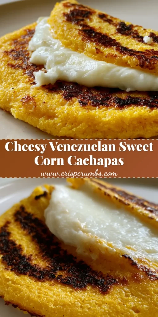 A close-up handheld photo of a Venezuelan Sweet Corn Cachapa, showing a thick folded pancake with charred marks and oozing mozzarella cheese on a white plate.