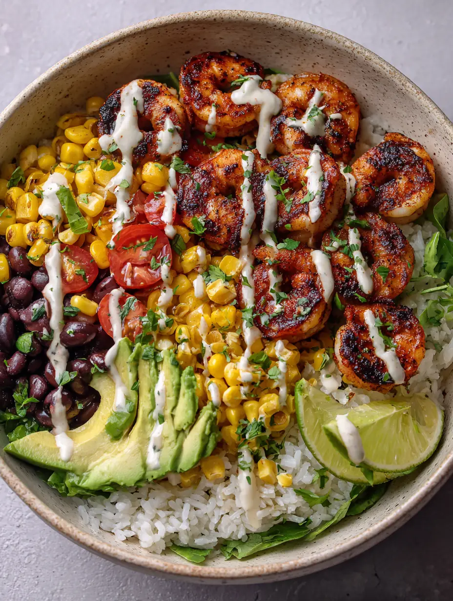 Close-up of succulent shrimp with dark grill marks sitting atop a Grilled Shrimp Bowl with fluffy rice and fresh greens.