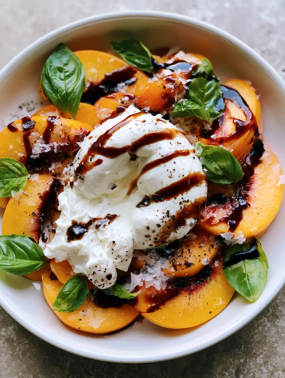 Close-up of a Peach Burrata Salad with a broken burrata ball showing flowing stracciatella and green baby basil leaves.
