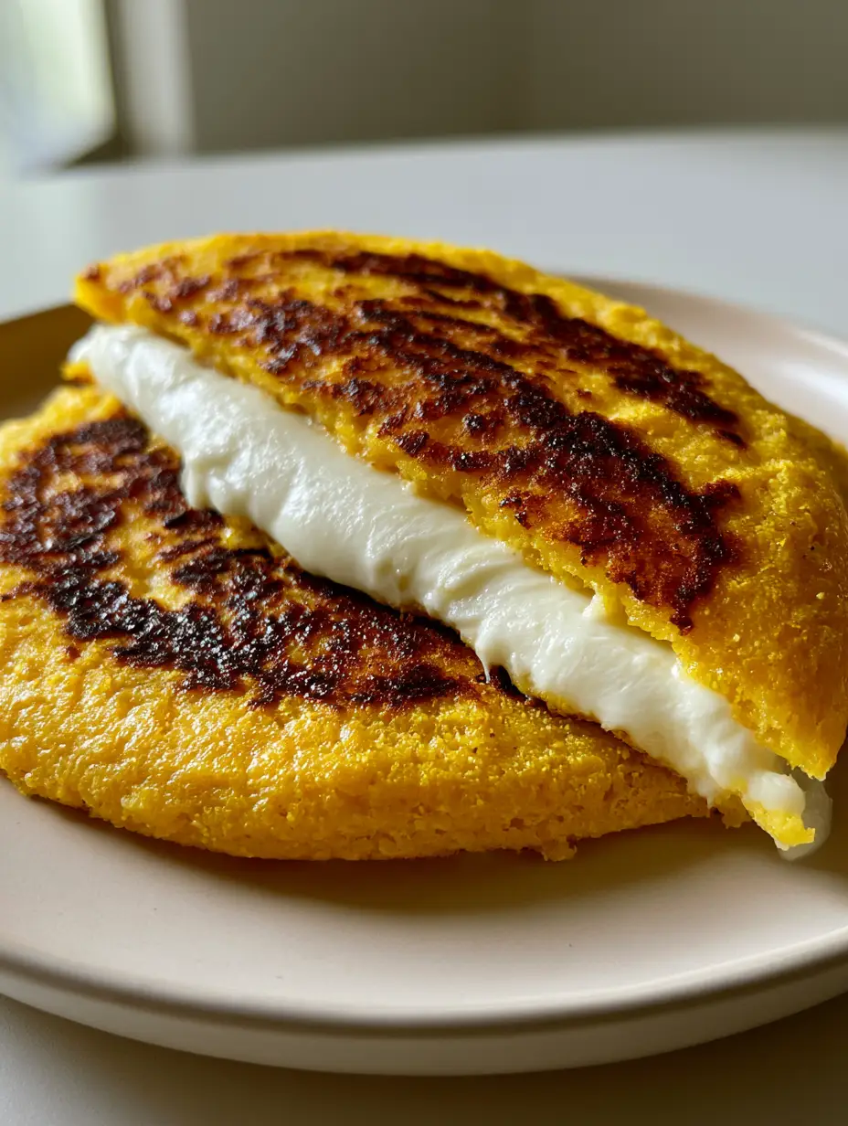 A handheld smartphone photo of a golden Venezuelan Sweet Corn Cachapa with dark griddle marks and glistening buttered surface.