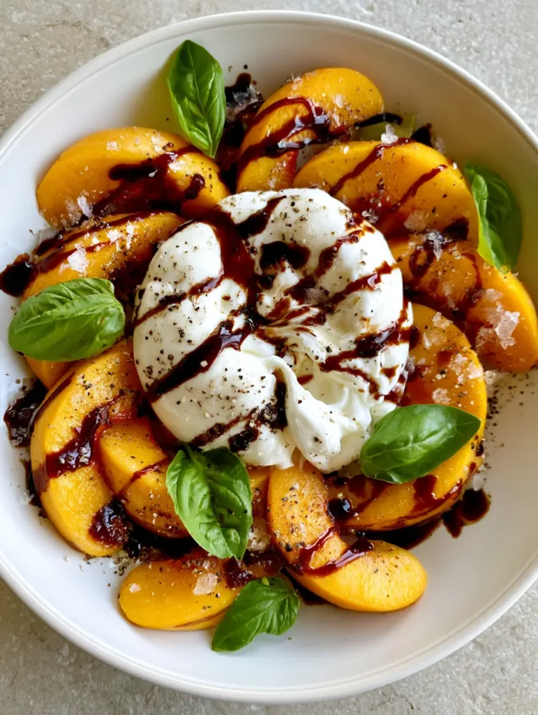 A top-down view of the completed Peach Burrata Salad with artistic balsamic glaze lines and flaky sea salt visible on the surface.
