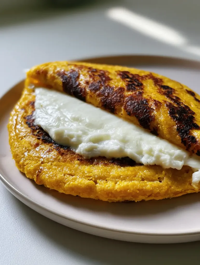 A thick folded sweet corn pancake on a ceramic plate, featuring a coarse rustic texture and oozing white cheese at the edges.
