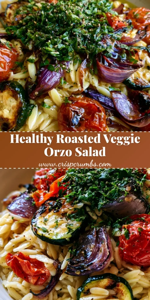 Roasted Vegetable Orzo Salad with Blistered Tomatoes and Charred Zucchini 4 A vertical Pinterest-optimized image of a Roasted Vegetable Orzo Salad featuring charred zucchini, blistered tomatoes, and glossy orzo in a white bowl.