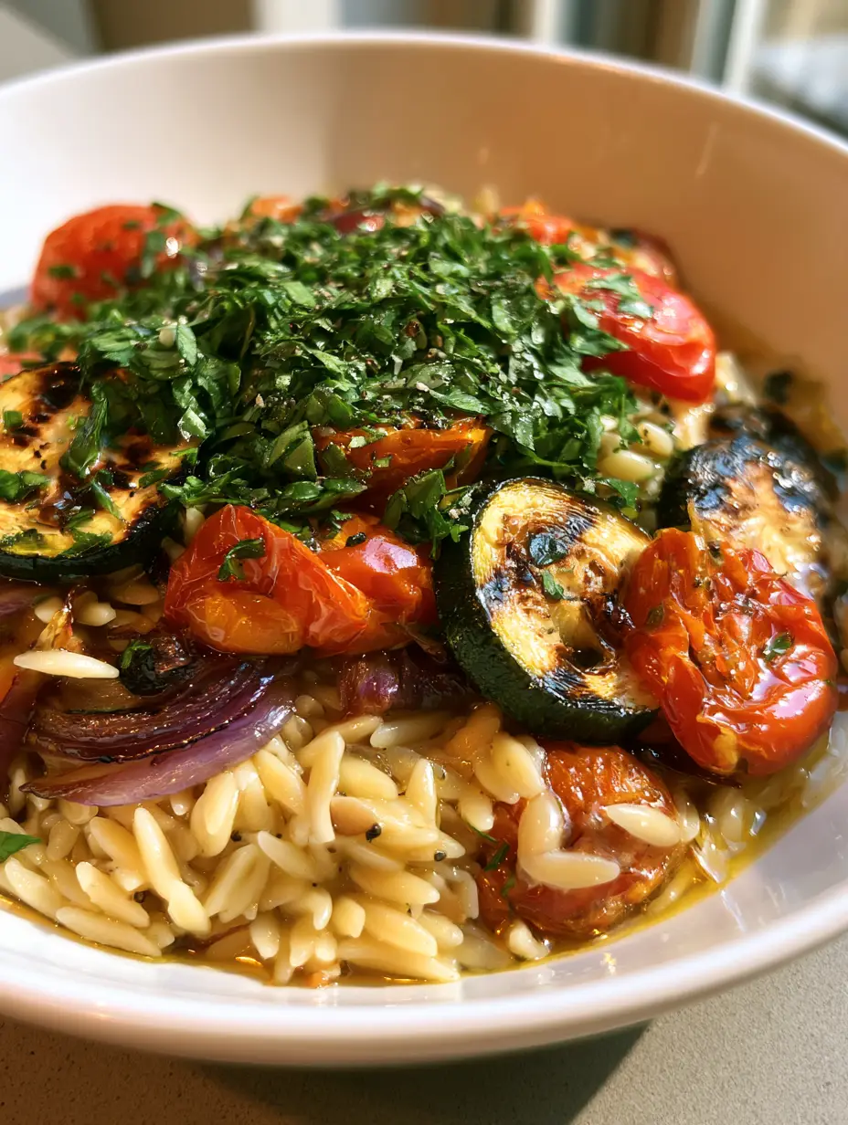Roasted Vegetable Orzo Salad with Blistered Tomatoes and Charred Zucchini 3 A handheld smartphone photo showing the glossy texture of Roasted Vegetable Orzo Salad with blistered tomatoes and charred zucchini.