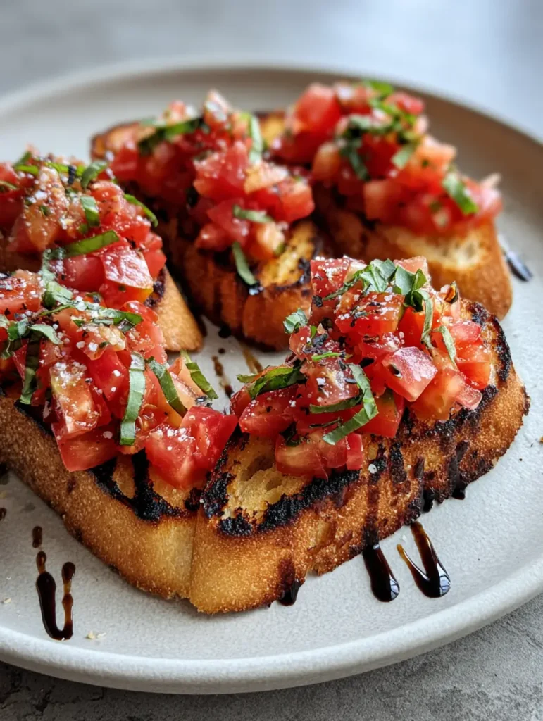 Close up of tomato bruschetta topped with basil ribbons and a zigzag of dark balsamic glaze. (Italian Bruschetta Recipe)