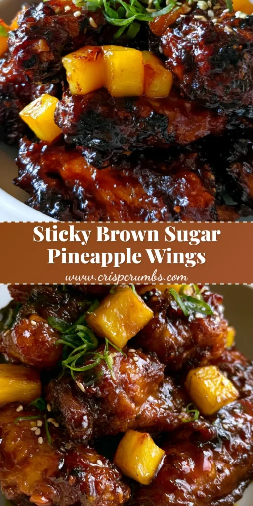 A towering stack of crispy chicken wings heavily coated in a glossy dark amber glaze and garnished with caramelized pineapple and sesame seeds. (Brown Sugar Pineapple Wings)